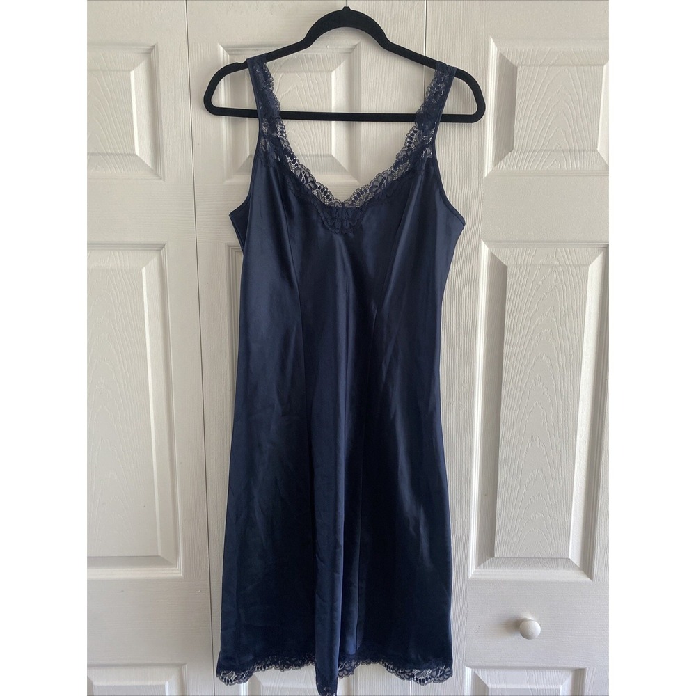 Vintage Lace Trim Satin Full Slip Womens Size M Navy Blue Lingerie Nightgown